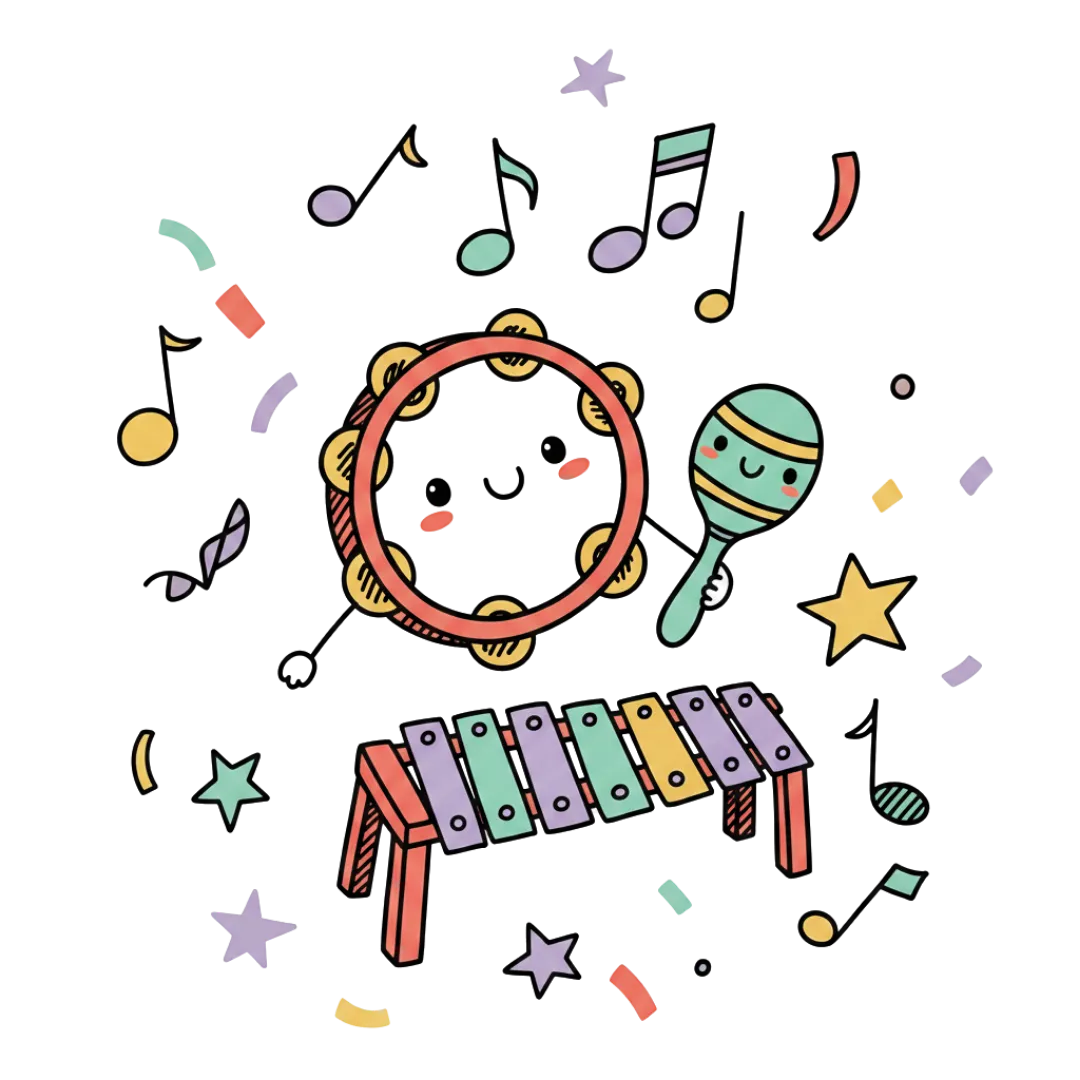 Colourful tambourine, xylophone and maracas illustration for young children's music class